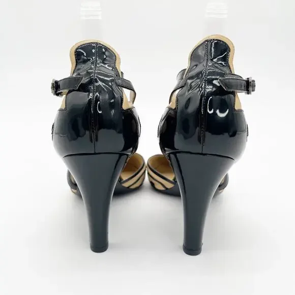 Chanel Vintage Beige Black Patent Leather Cap Toe CC Logo Strappy Heels EU 40 - Picture 10 of 16